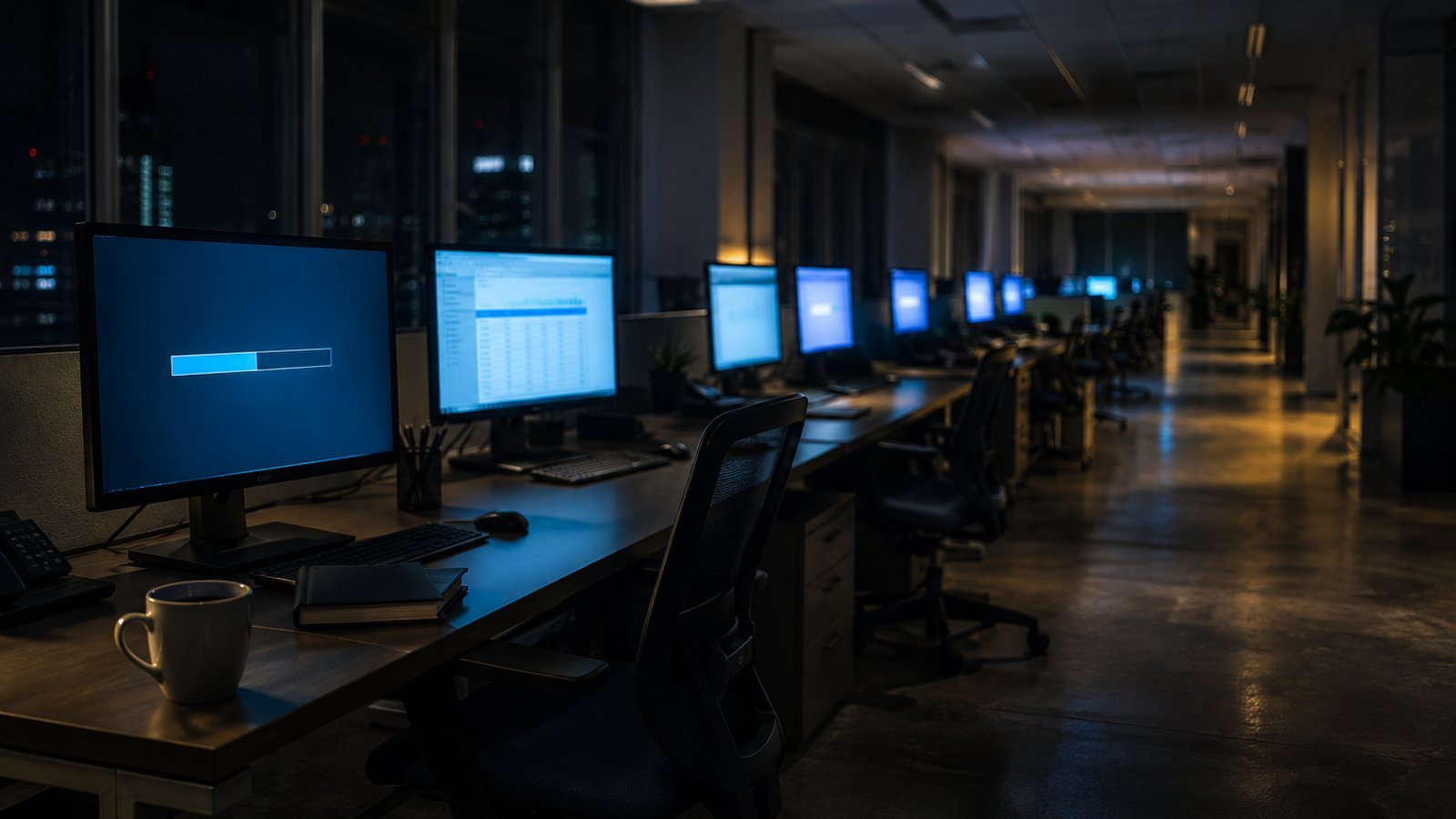 A long empty office corridor at night, lit only by a row of monitors still running: one screen shows a slow progress bar, another a half-finished spreadsheet, a cold cup of coffee on the nearest desk.