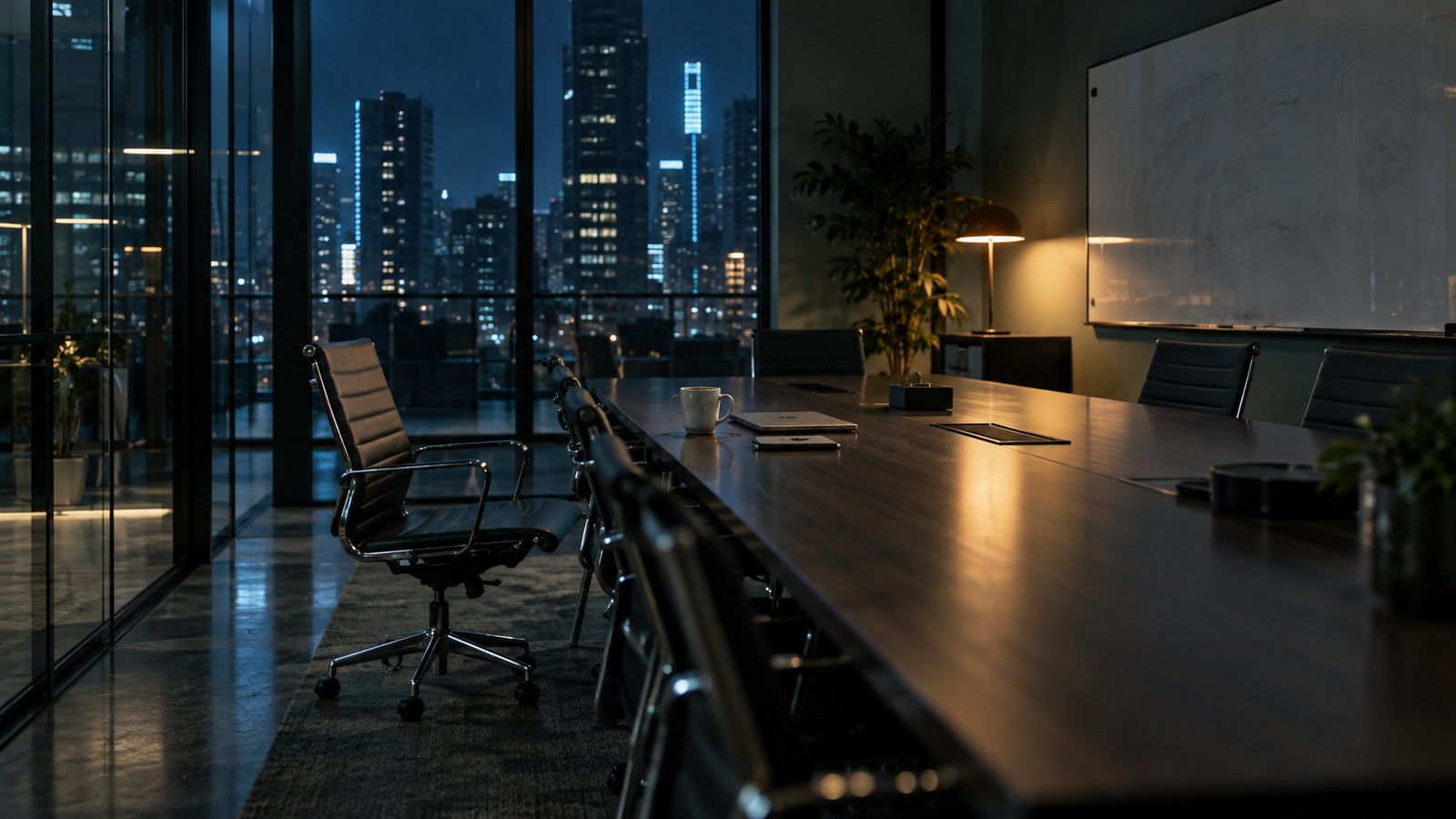 An empty glass-walled meeting room in a tech office late at night: one chair pushed back from a long table, a whiteboard wiped almost clean, a half-finished cup of coffee, cold city light through the window.