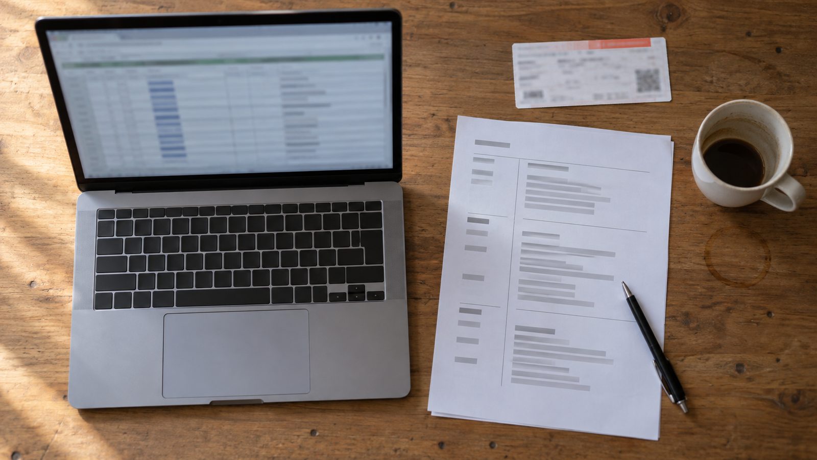 A plain wooden desk shot from directly above in daylight: an open laptop showing a simple spreadsheet, a printed CV in the German tabular layout with a pen resting on it, a train ticket and a cooling cup of coffee.