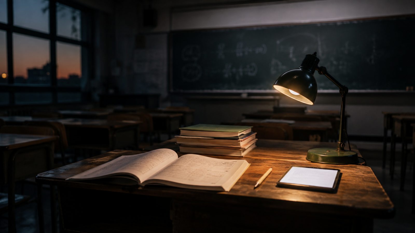 An empty classroom at dusk: one wooden desk lit by a green lamp, an open exam booklet, a stack of textbooks and a tablet, a chalkboard with faint equations behind.