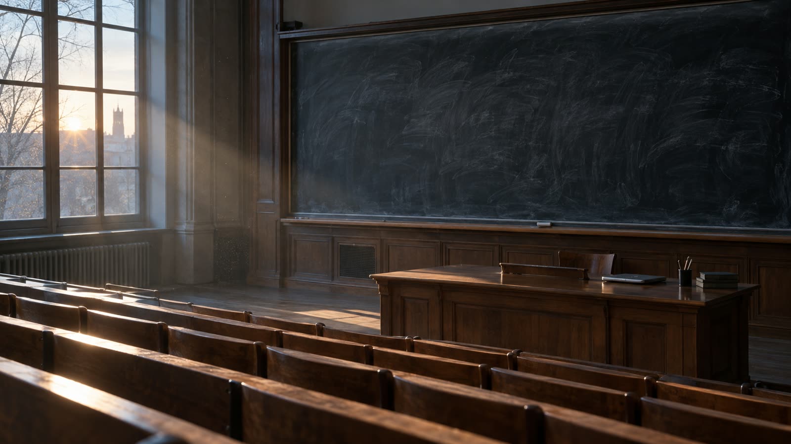 An empty lecture hall at dawn, its blackboard wiped almost clean, a closed laptop on the lecturer's desk.