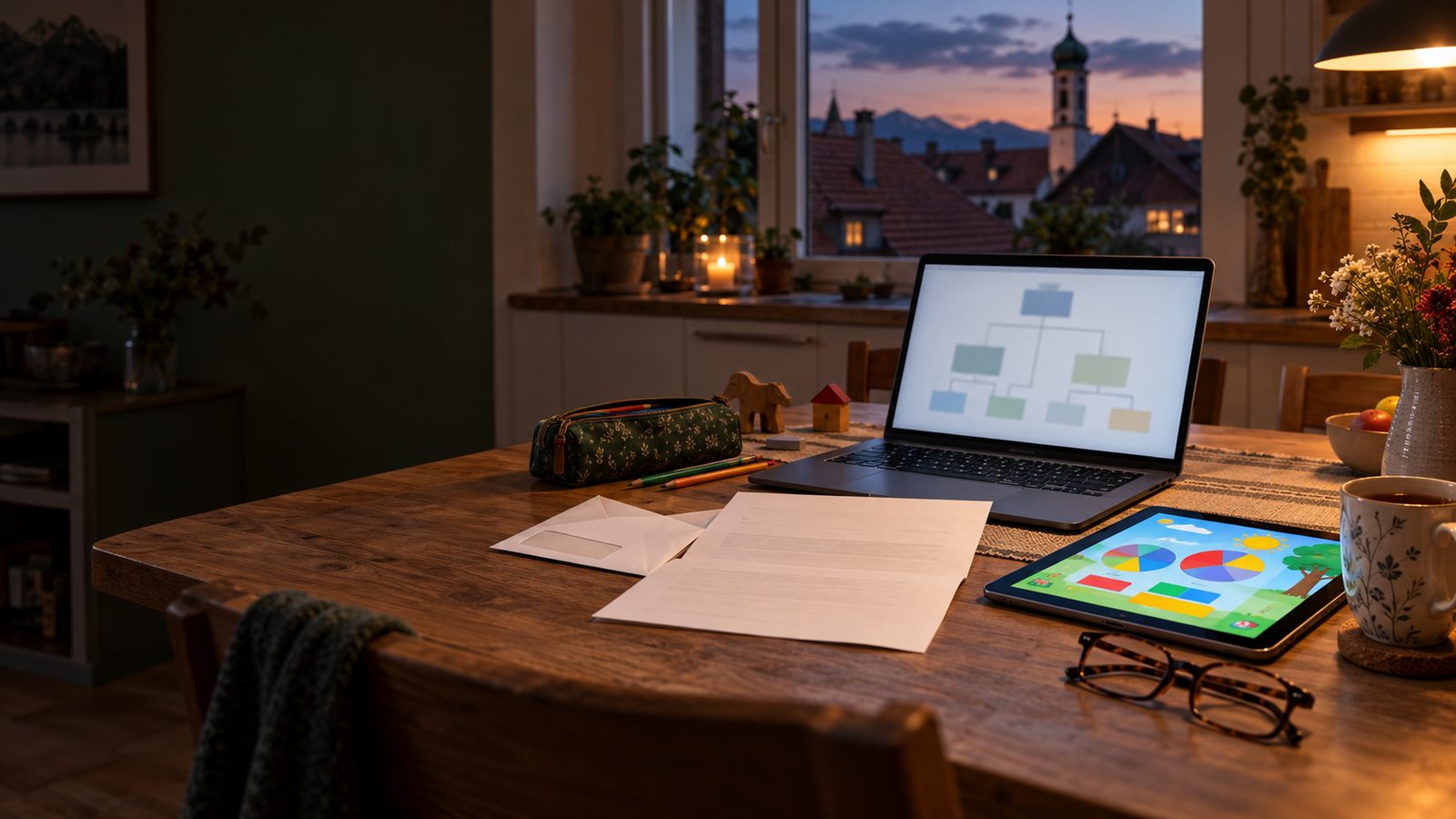 An evening kitchen table in a Bavarian flat: an opened official letter and its envelope, a laptop showing a simple branching diagram, a tablet with a colourful fractions game, a pencil case, reading glasses and a cup of tea, with church towers and tiled roofs at dusk in the window.