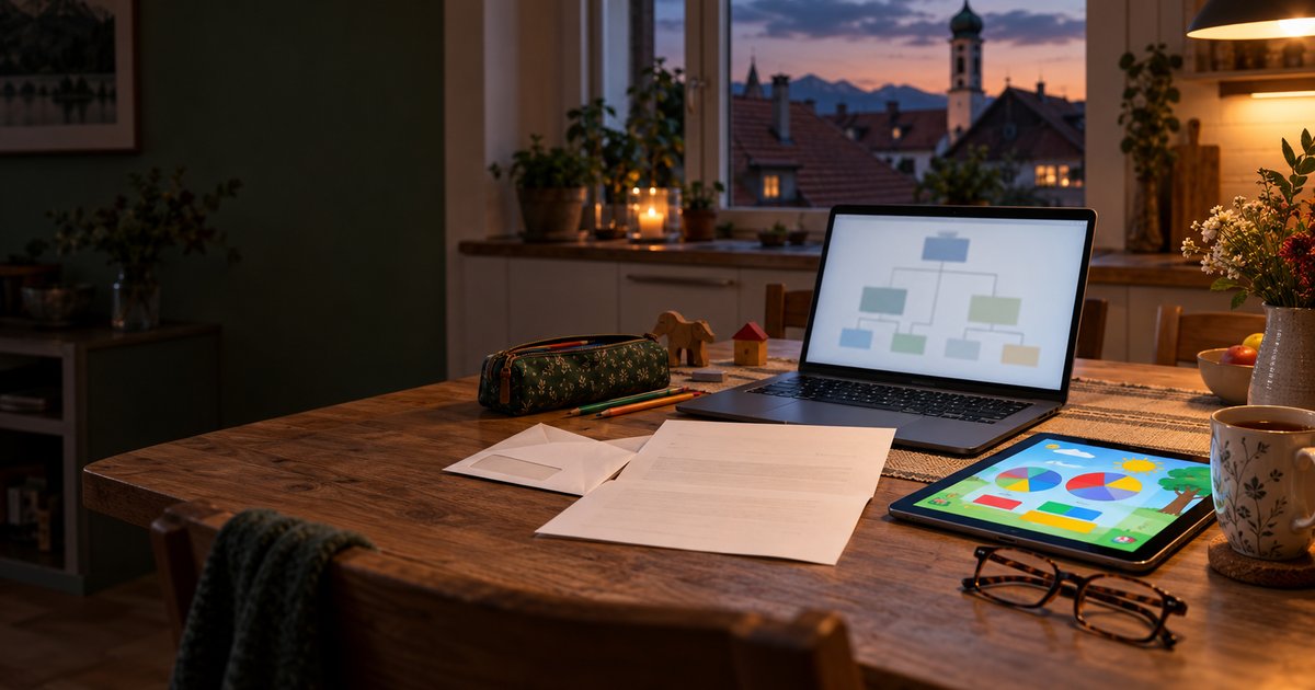 An evening kitchen table: an official letter, a laptop showing a branching diagram, and a tablet with a colourful fractions game.