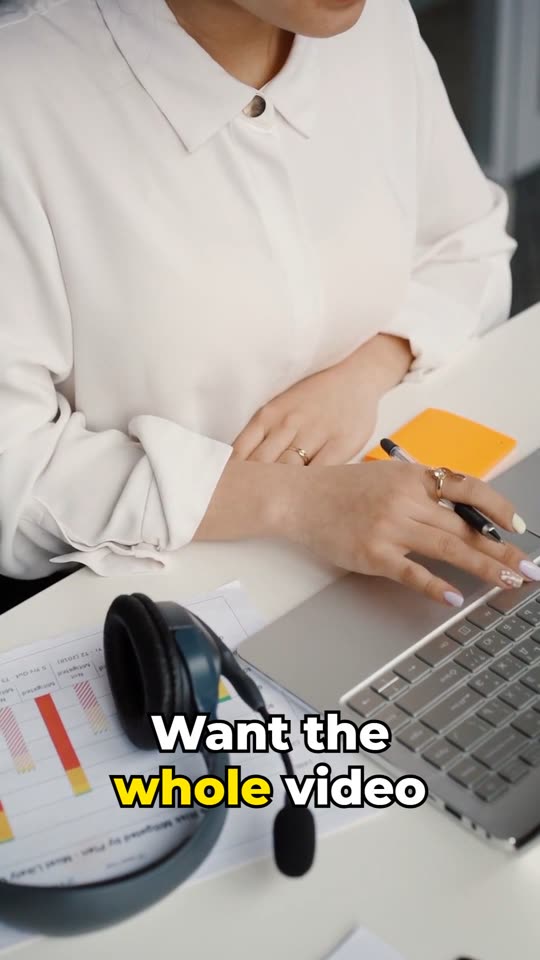 A woman at a desk with a laptop and headset. Big white captions read WANT THE WHOLE VIDEO, with WHOLE highlighted in yellow.