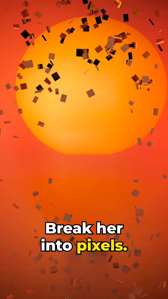 The dancer burst into hundreds of small spinning square blocks in front of an orange sun.