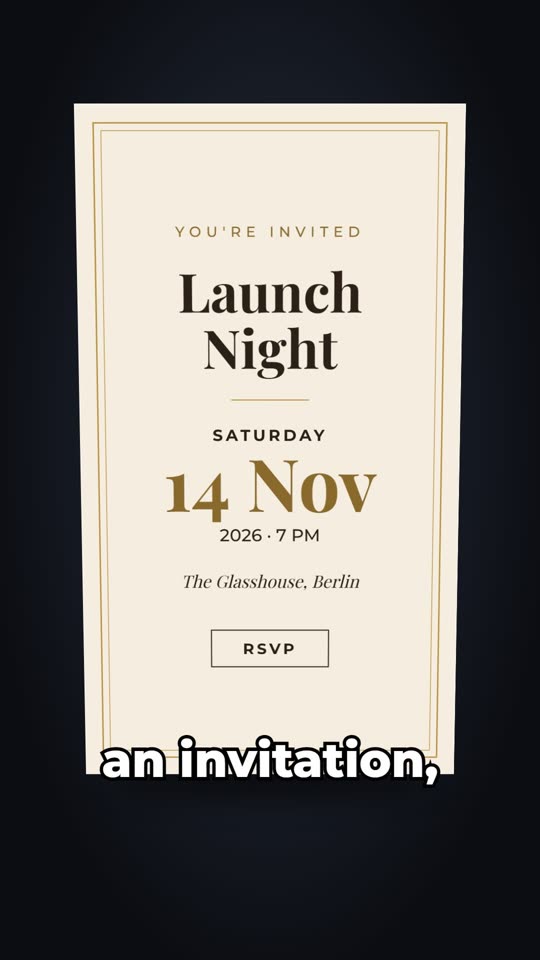An event invitation card: Launch Night, Saturday 14 November.