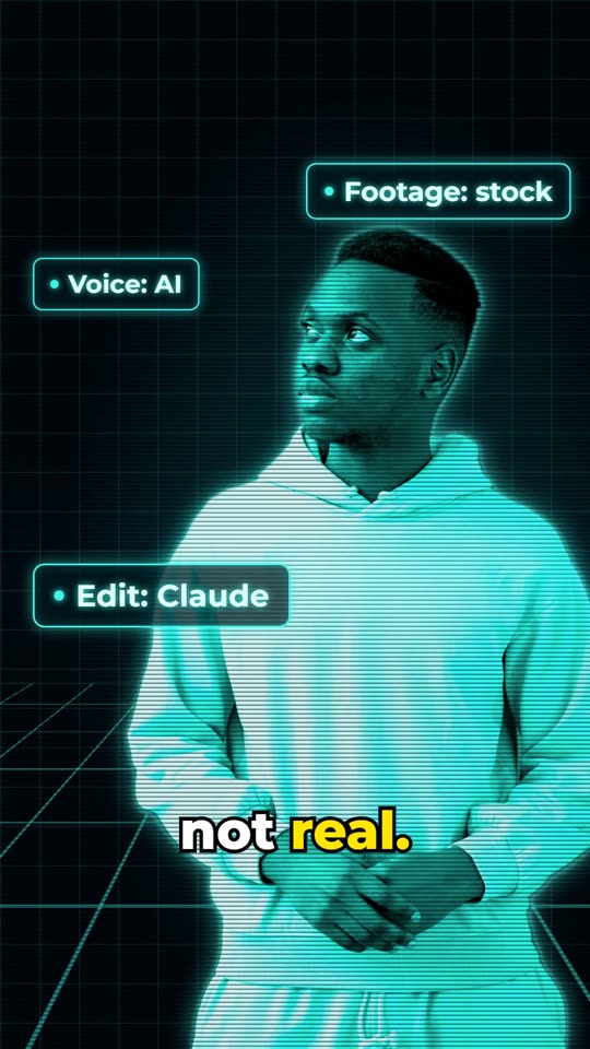 The man in turquoise hologram tones with scan lines, surrounded by tags: Voice: AI, Footage: stock, Edit: Claude.