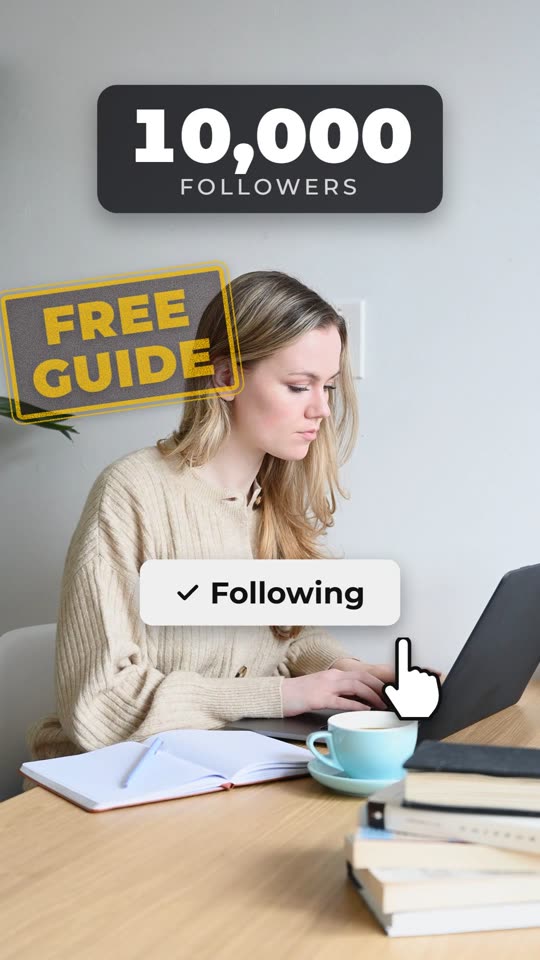 A counter reading 10,000 followers, a gold FREE GUIDE stamp, and a pressed button reading Following.