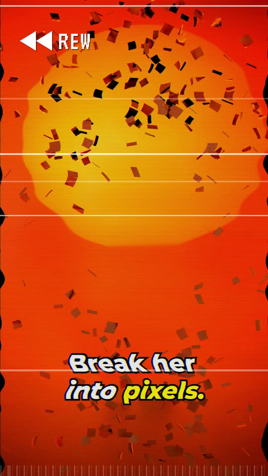 The picture rewinding with horizontal glitch lines and a REW sign in the corner.