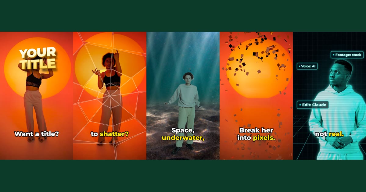 Five frames from our demo reel: a 3D title, shattering glass, a man in an underwater world, a dancer breaking into pixels, and a man revealed as a turquoise hologram.