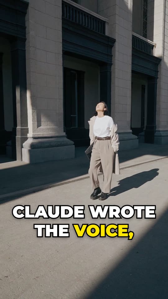 Before: a woman walking past stone columns, under the caption Claude wrote the voice.