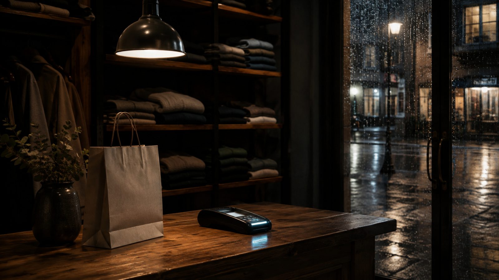 A boutique counter at closing time: a paper shopping bag, a glowing card terminal, folded garments on shelves under a single pendant light, a rain-wet street through the glass door.