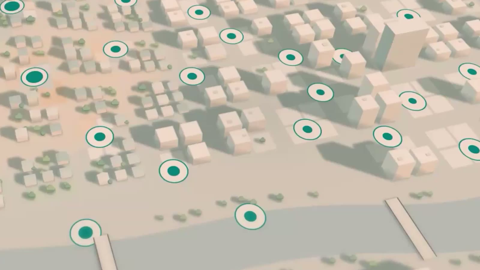 A still from Anthropic's announcement video: an animated 3D map of a small town at dawn, pale houses and trees with round green bike-share stations along the streets and a river at the bottom.
