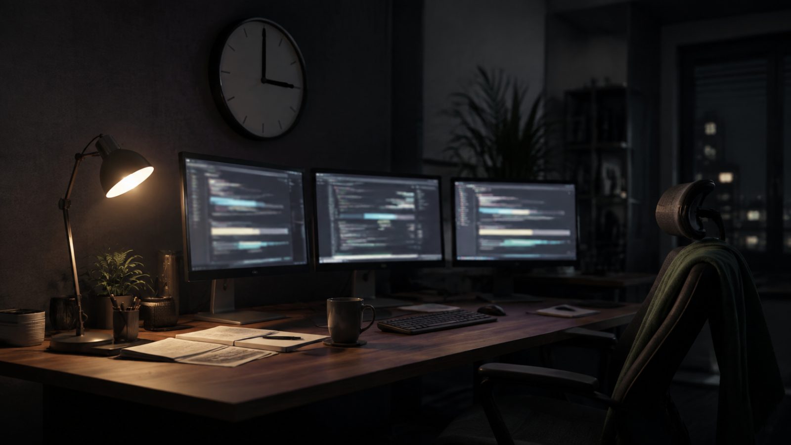 A three-monitor workstation running code overnight, a wall clock at three, a desk lamp, a cold coffee and an empty chair with a jacket over it.