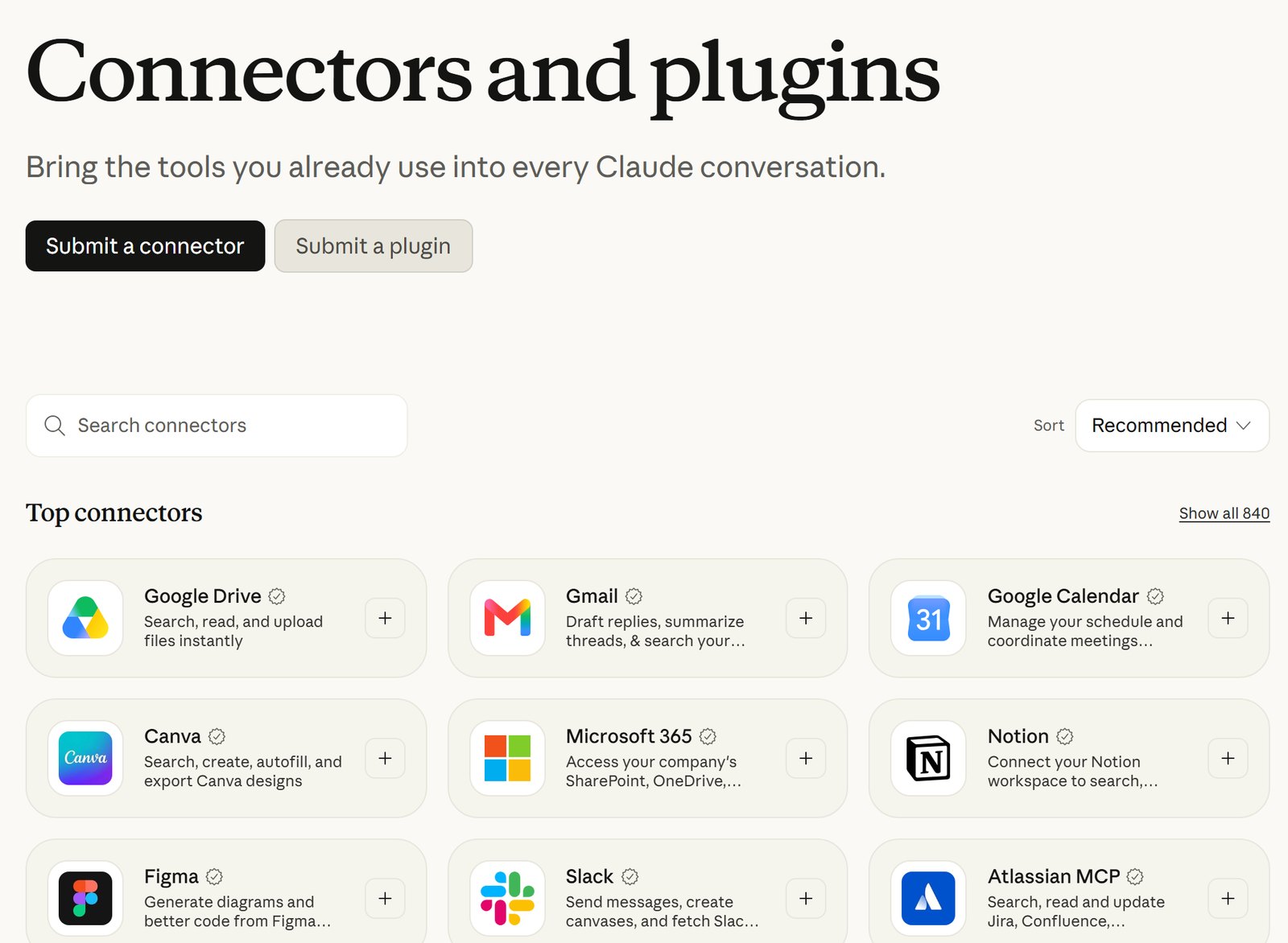 Screenshot of the Claude Marketplace connectors page. Under the heading 'Connectors and plugins' and the line 'Bring the tools you already use into every Claude conversation' are two buttons, 'Submit a connector' and 'Submit a plugin'. Below, a search box and a grid of top connectors, each with a small verified badge and an add button: Google Drive, Gmail, Google Calendar, Canva, Microsoft 365, Notion, Figma, Slack and Atlassian.