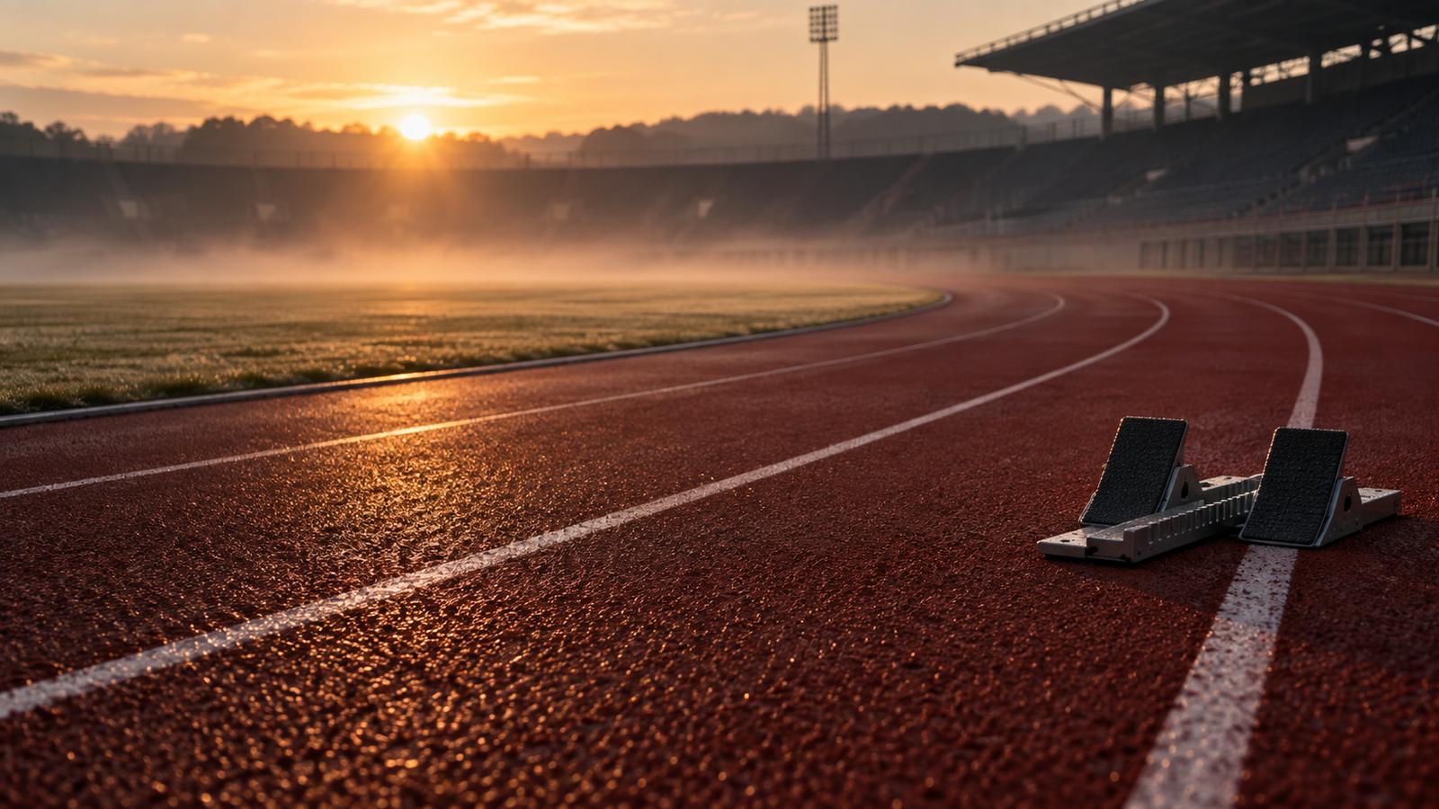 An empty stadium running track at sunrise, seen from lane level. The lanes curve away past misty grass towards empty stands, a single starting block waits on the red surface in the foreground, and the low sun lights the lane lines gold.