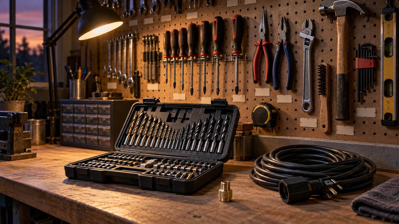 A workshop pegboard wall at dusk: labelled hand tools hanging in neat rows, a set of interchangeable drill bits in an open case on the bench below, warm light from a single lamp.