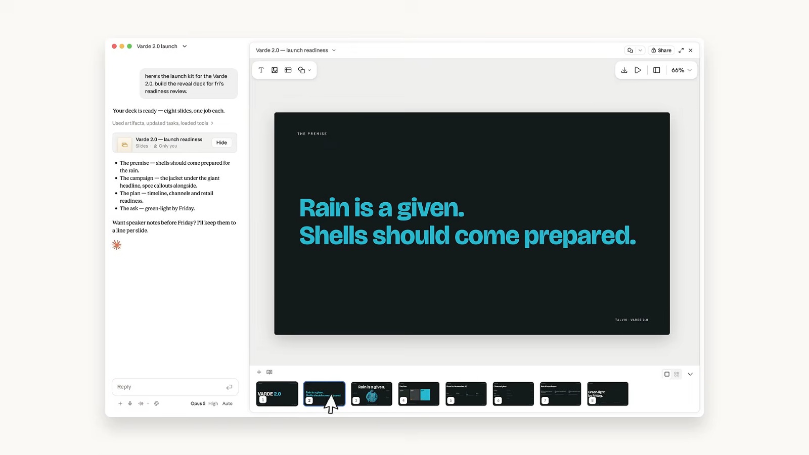 A Claude conversation on the left and a slide editor on the right. The chat shows the typed brief and the reply Your deck is ready, eight slides, one job each, with four bullets summarising the deck. The editor shows a dark slide reading Rain is a given. Shells should come prepared., a toolbar with text, image, layout and shape buttons, download, present and split-view icons, and a filmstrip of eight slide thumbnails below.