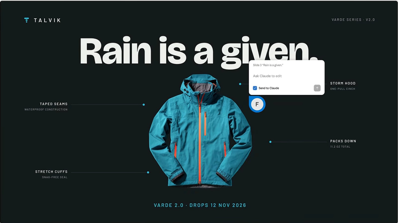 A presentation slide from Anthropic's launch video: a teal waterproof jacket photographed on a near-black background under the giant headline Rain is a given, with thin callout lines to the labels Taped seams, Stretch cuffs, Storm hood and Packs down, and a small comment box floating over the slide.