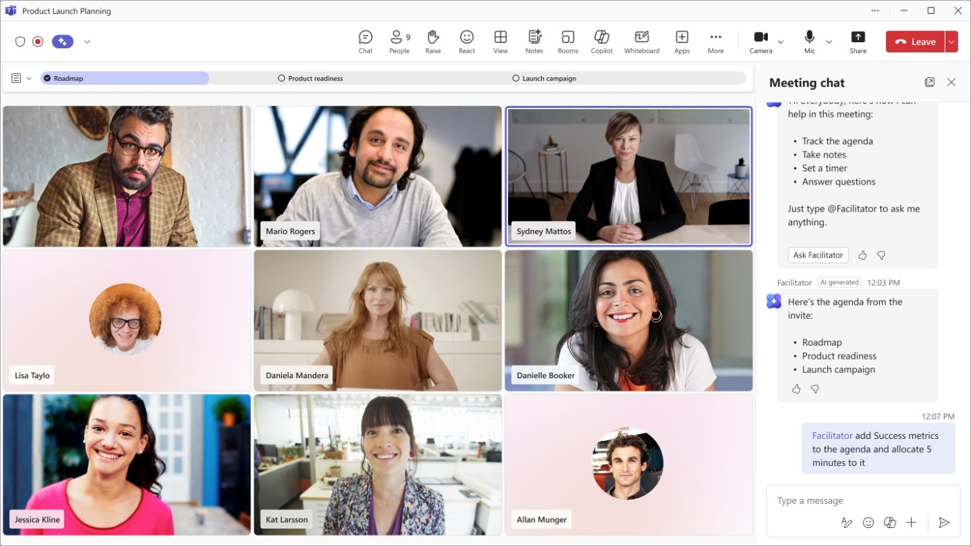 Microsoft’s Teams meeting example with an agenda timeline and Facilitator messages in the meeting chat.