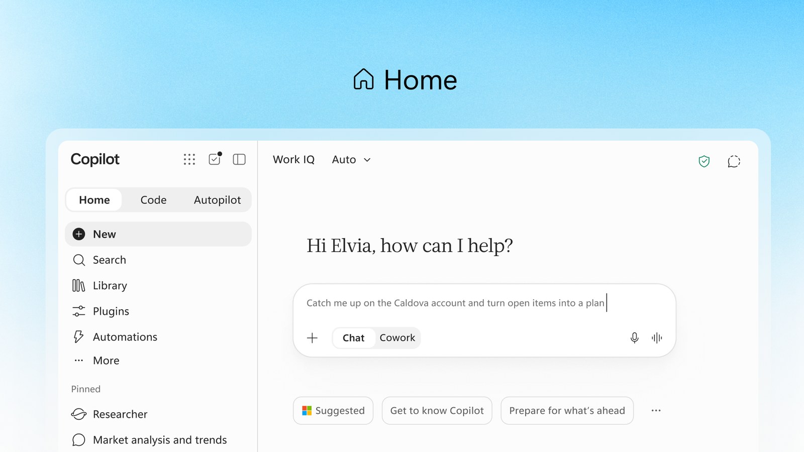 Microsoft’s published Copilot Home interface with Home, Code and Autopilot navigation.