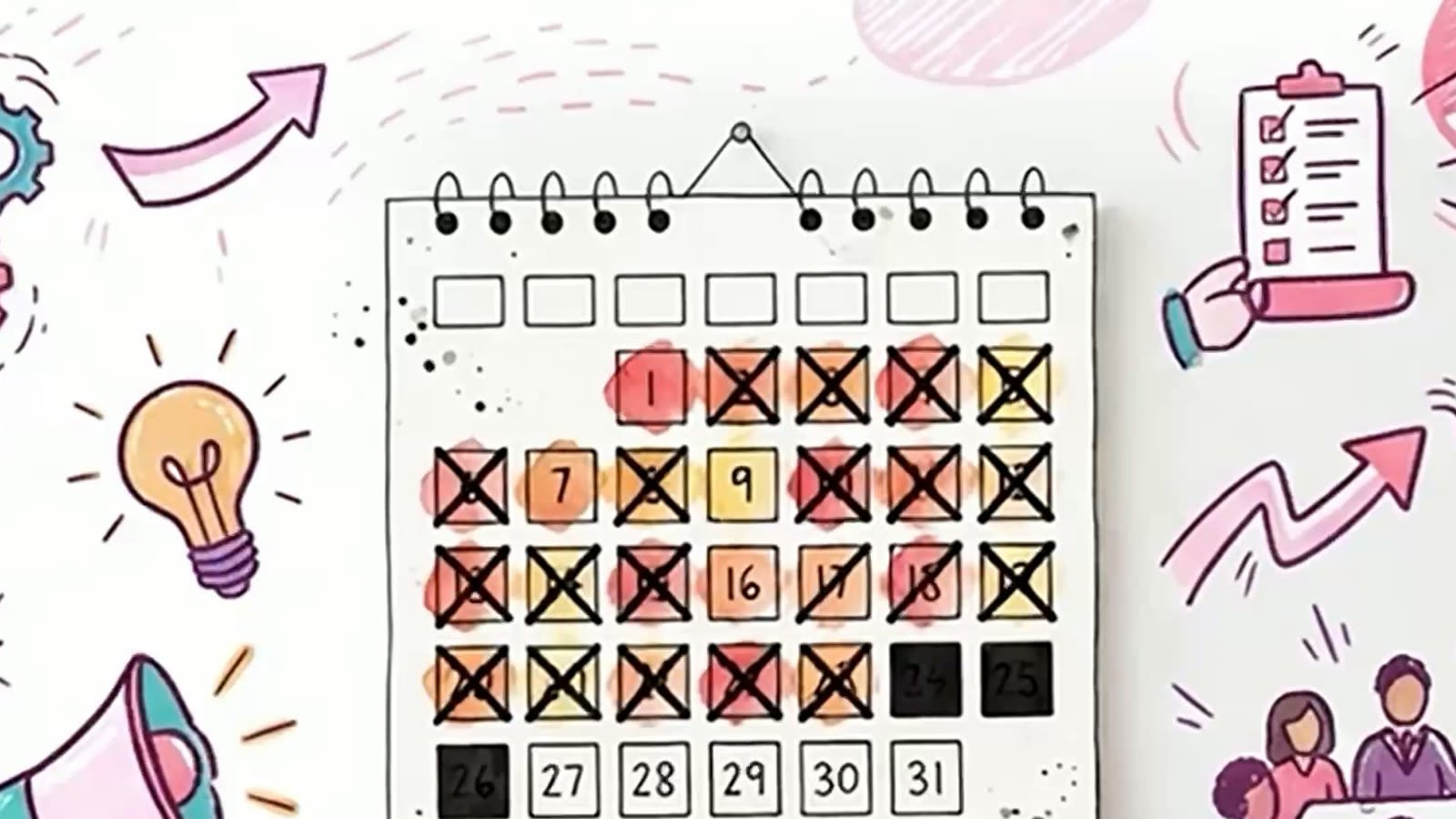 A frame from a video Gemini Notebook made in Google's demo: a hand-drawn wall calendar with most days crossed out, surrounded by a light bulb, gears, a checklist, a megaphone and a small team at a table.