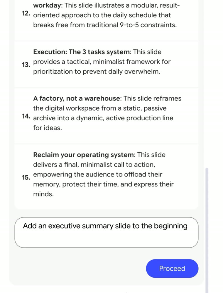 The end of a 15-slide outline in Gemini Notebook's review panel, each slide with a title and one line on what it shows. Below it, the change typed in: 'Add an executive summary slide to the beginning', and a blue Proceed button.