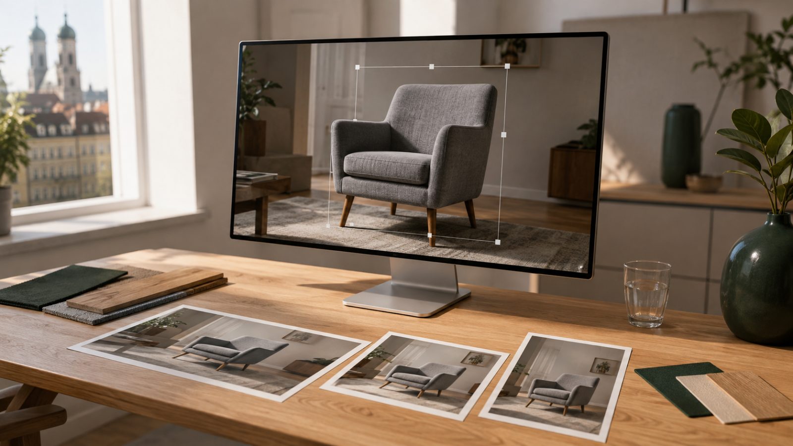 A designer's desk with a large monitor showing an interior photograph in which a single armchair is selected for editing.