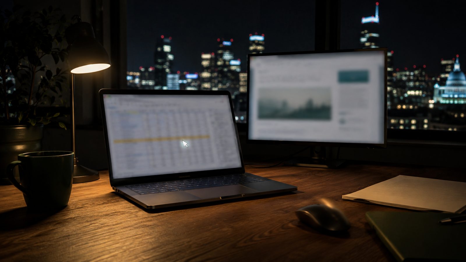 A night-time desk with a laptop open to a blurred spreadsheet and a glowing cursor, a second monitor with a blurred web page, a coffee mug and a lamp, city towers in the window.