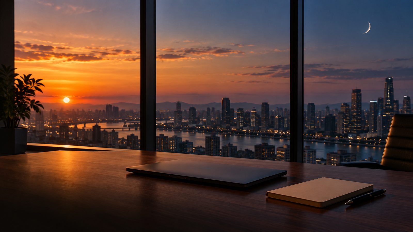 An office at dusk seen from inside. Through a tall window above a city skyline, the sun sets in orange on one side of the sky while a pale crescent moon has already risen on the other. A closed laptop, a notebook and a pen sit on a wooden desk in the last light.