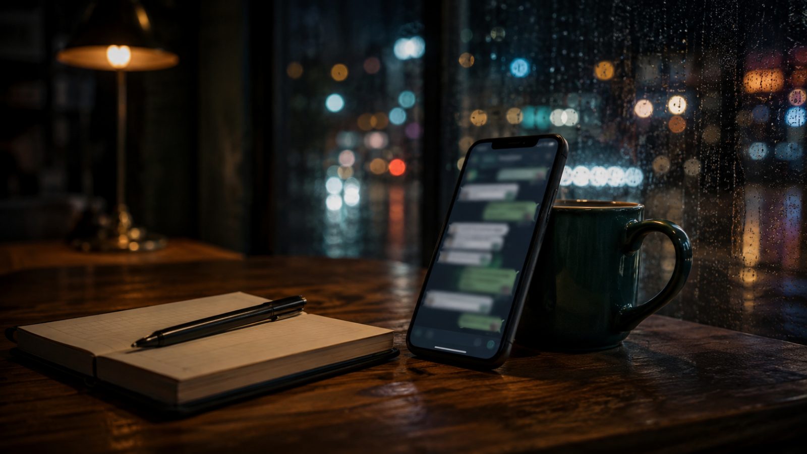 A phone propped against a dark green mug on a café table at night, its screen showing a blurred chat, a notebook and pen beside it, rain and city lights on the window.