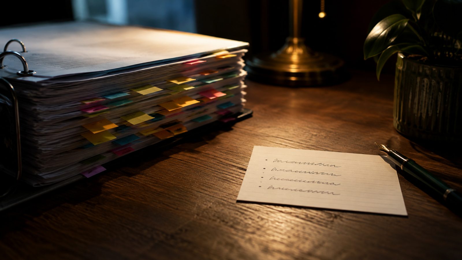A thick binder bristling with coloured sticky tabs next to a single index card with four short handwritten lines and a fountain pen, on a wooden desk in warm lamplight.
