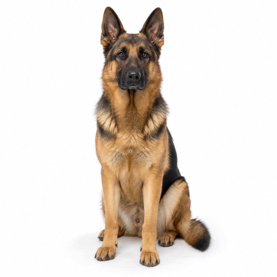A single photograph of the German Shepherd, seated and facing the camera on a plain white background — the reference image used to keep the dog identical across every other picture in this article.