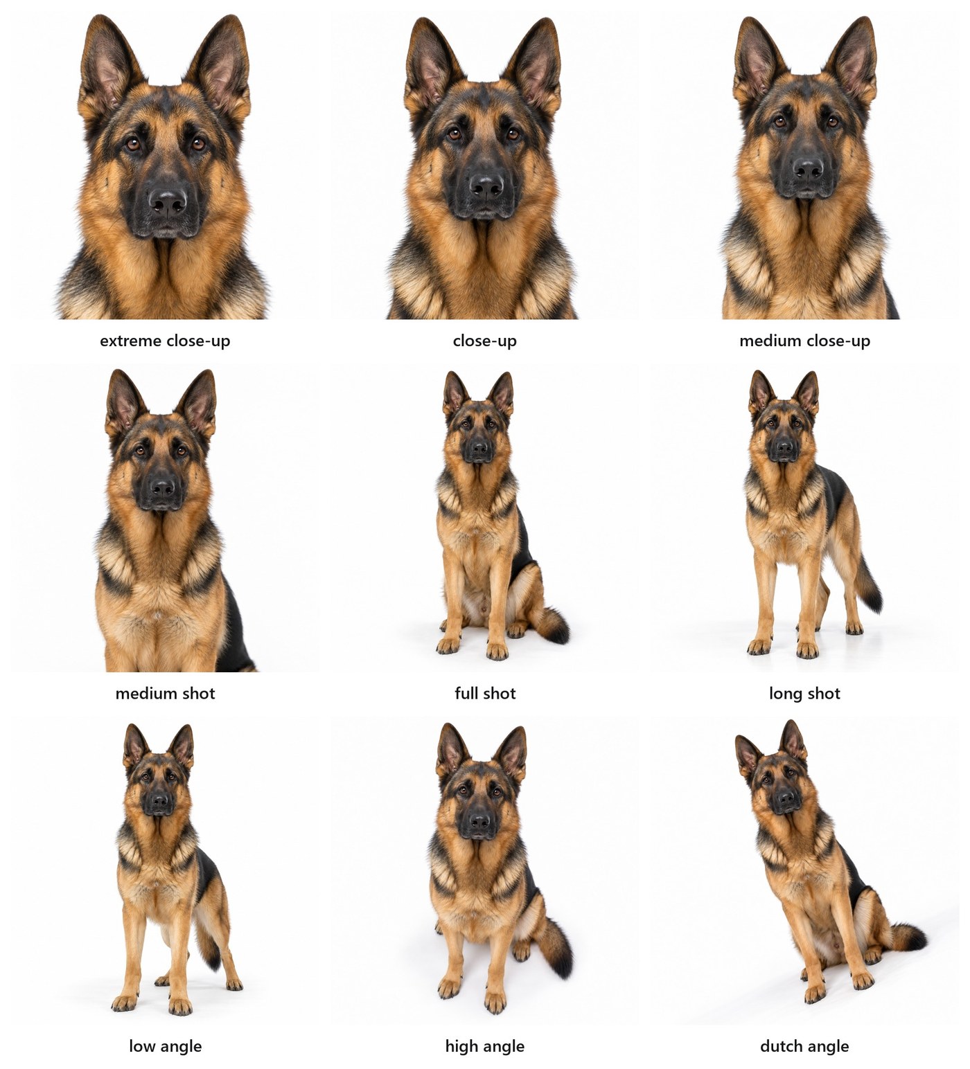 A three-by-three grid of the same German Shepherd on white. Top row: a tight crop of the face, a head-and-ears portrait, head and chest. Middle row: the seated dog whole, the dog smaller with space around it, the dog small in a wide empty field. Bottom row: the camera below looking up, the camera above looking down, the frame rotated so the dog leans.