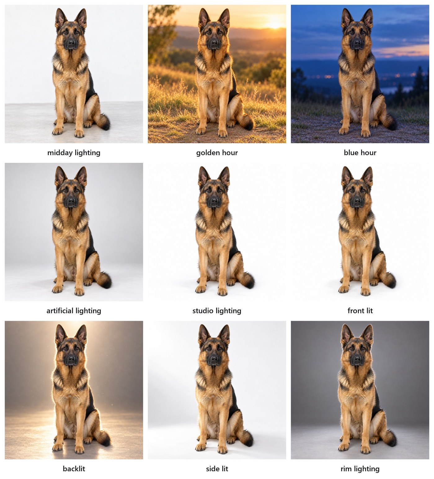 A three-by-three grid of the same German Shepherd, each cell lit differently: hard overhead sun with a sharp shadow, warm low amber light with a long shadow, cool blue twilight, warm indoor bulb light, even studio light, flat frontal flash, a glow from behind the dog, hard light from one side leaving half the body dark, and a bright outline tracing the silhouette against a dark surround.