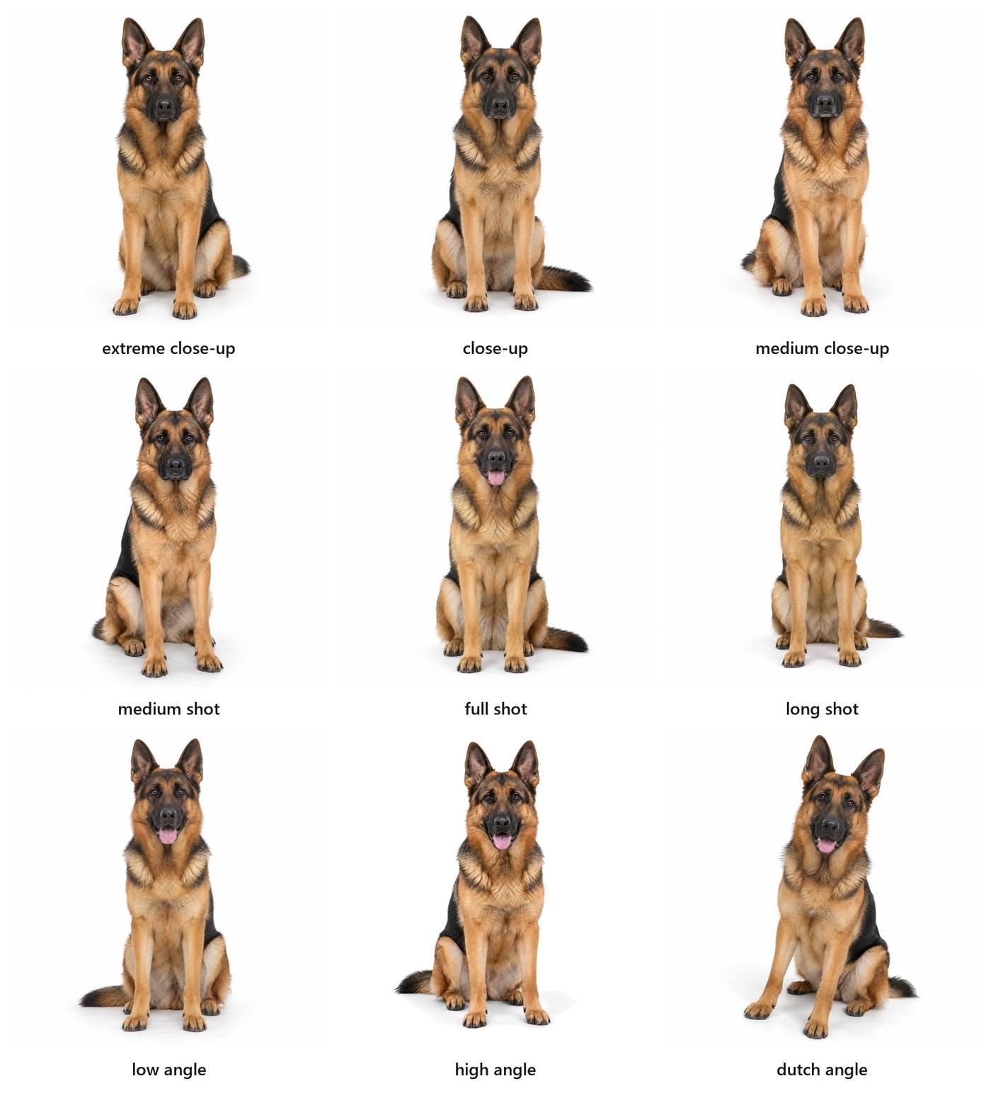 A three-by-three grid in which all nine photographs look identical: the same German Shepherd, seated, facing the camera, framed exactly the same way in every cell, despite each being labelled with a different framing keyword.