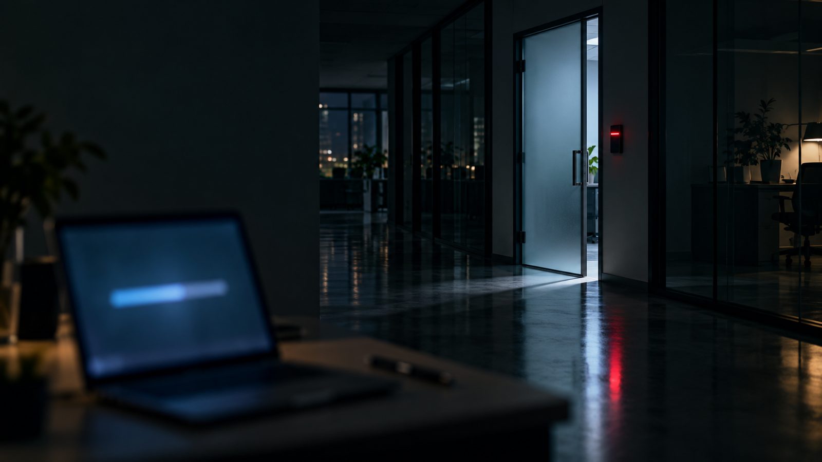 An office corridor at night. A frosted glass security door stands slightly open, the card reader beside it glowing red, a wedge of light spilling onto the dark floor. In the foreground an open laptop on a desk shows a blurred progress bar.