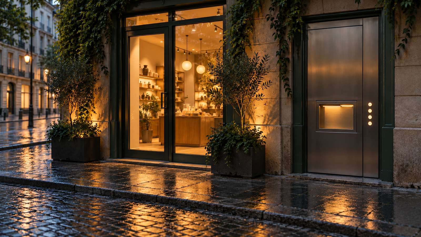 A shopfront at dusk on a wet cobblestone street with two doors side by side: a warm glass door for people and a narrow brushed-metal door with a glowing service hatch.