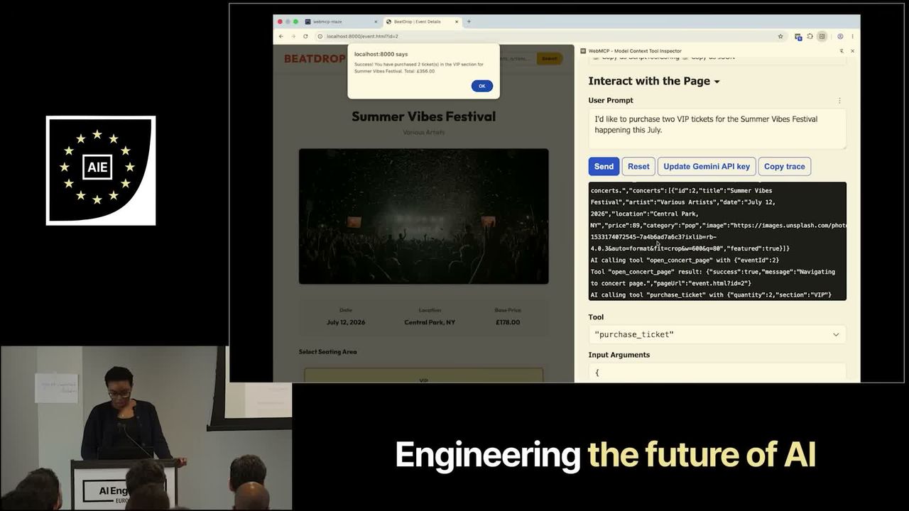 Tara Agyemang of Google on stage at AI Engineer Europe. On the screen behind her, a demo ticket shop called BeatDrop shows the Summer Vibes Festival page and a pop-up confirming two VIP tickets were bought; beside it, the agent's log lists the three actions it called.